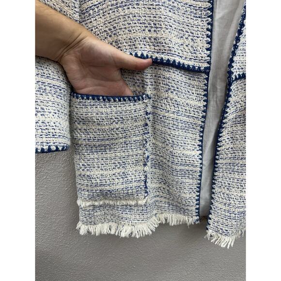 Zara Basic Outerwear Womens Coat Size XS White Blue Tweed Open Front Lined - Picture 3 of 11